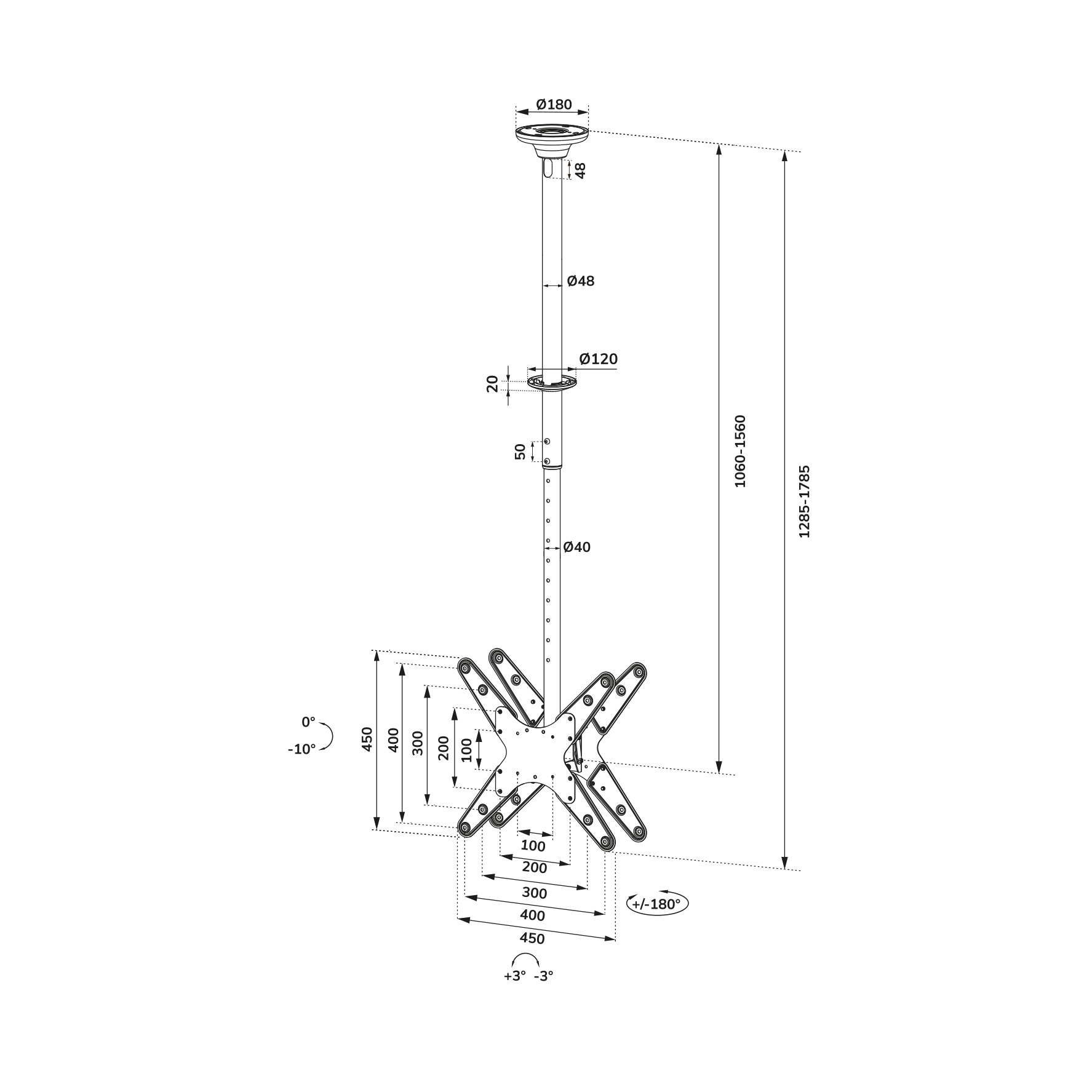 Neomounts FPMA-C340DBLACK Support de plafond pour écran de 32-75" - h106-156 cm